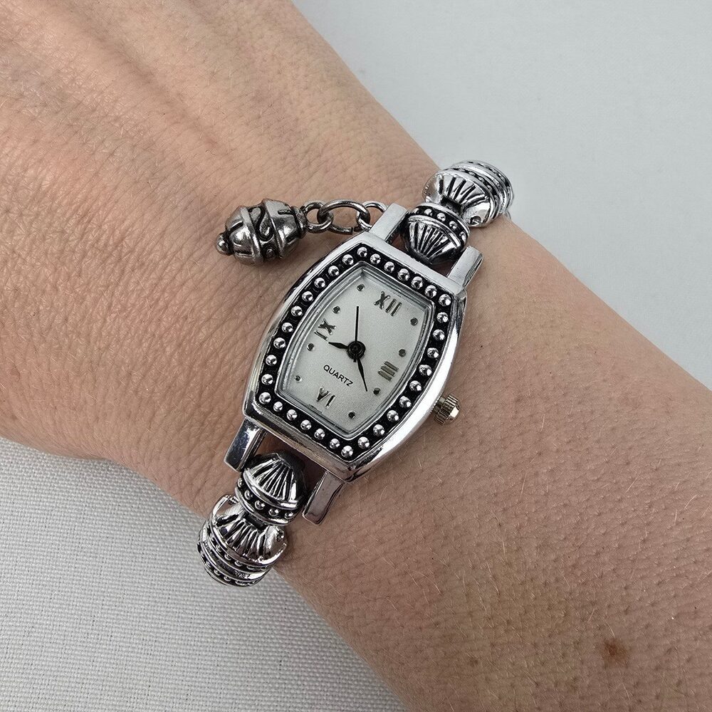Quartz Silver Tone Beaded Toggle Watch